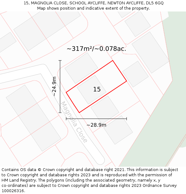 15, MAGNOLIA CLOSE, SCHOOL AYCLIFFE, NEWTON AYCLIFFE, DL5 6GQ: Plot and title map