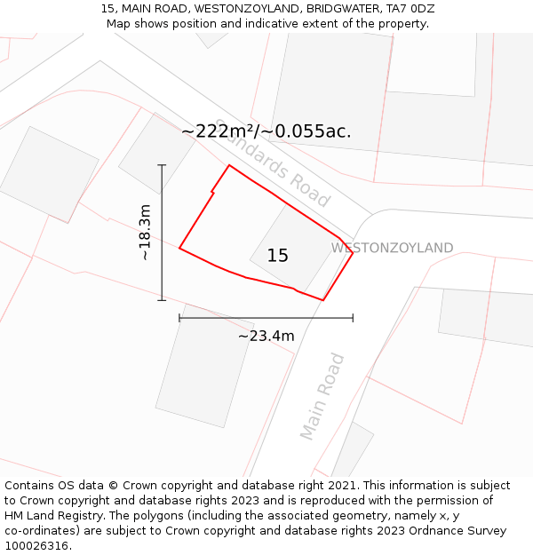 15, MAIN ROAD, WESTONZOYLAND, BRIDGWATER, TA7 0DZ: Plot and title map