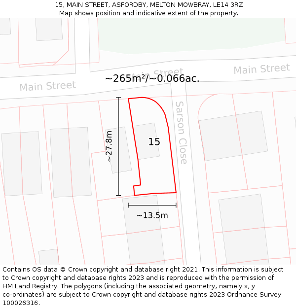 15, MAIN STREET, ASFORDBY, MELTON MOWBRAY, LE14 3RZ: Plot and title map