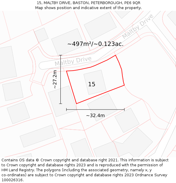 15, MALTBY DRIVE, BASTON, PETERBOROUGH, PE6 9QR: Plot and title map