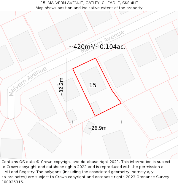 15, MALVERN AVENUE, GATLEY, CHEADLE, SK8 4HT: Plot and title map