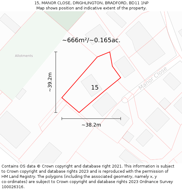15, MANOR CLOSE, DRIGHLINGTON, BRADFORD, BD11 1NP: Plot and title map