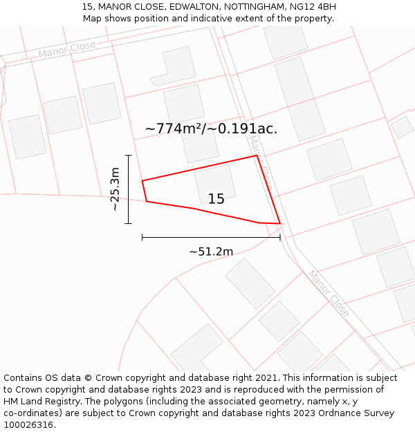 15, MANOR CLOSE, EDWALTON, NOTTINGHAM, NG12 4BH: Plot and title map