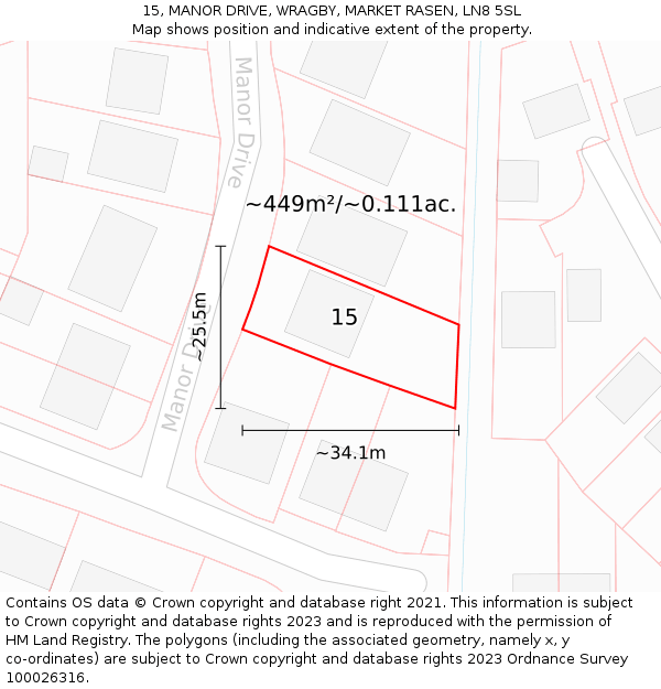 15, MANOR DRIVE, WRAGBY, MARKET RASEN, LN8 5SL: Plot and title map