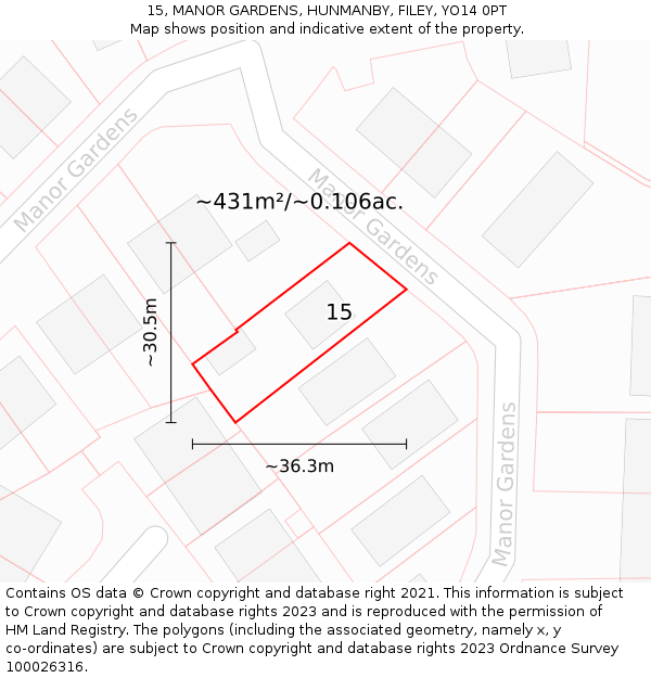 15, MANOR GARDENS, HUNMANBY, FILEY, YO14 0PT: Plot and title map