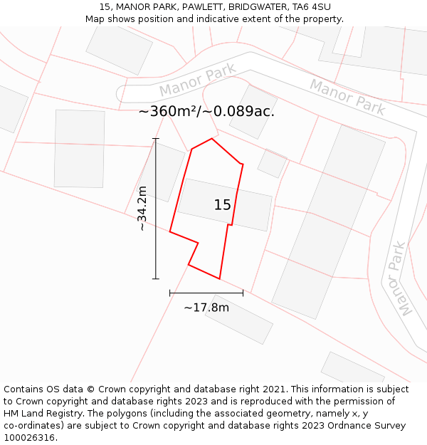 15, MANOR PARK, PAWLETT, BRIDGWATER, TA6 4SU: Plot and title map