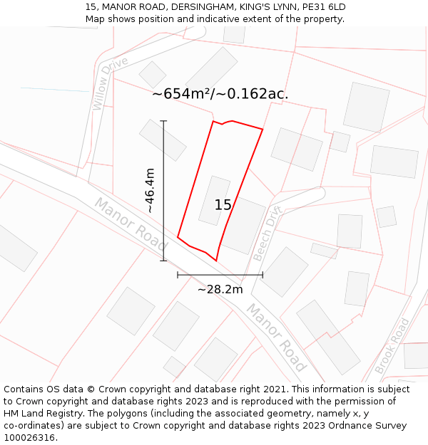 15, MANOR ROAD, DERSINGHAM, KING'S LYNN, PE31 6LD: Plot and title map