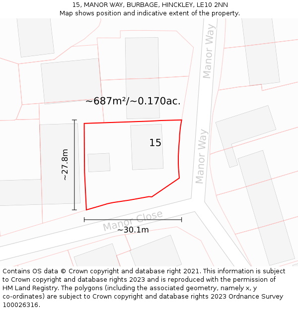 15, MANOR WAY, BURBAGE, HINCKLEY, LE10 2NN: Plot and title map