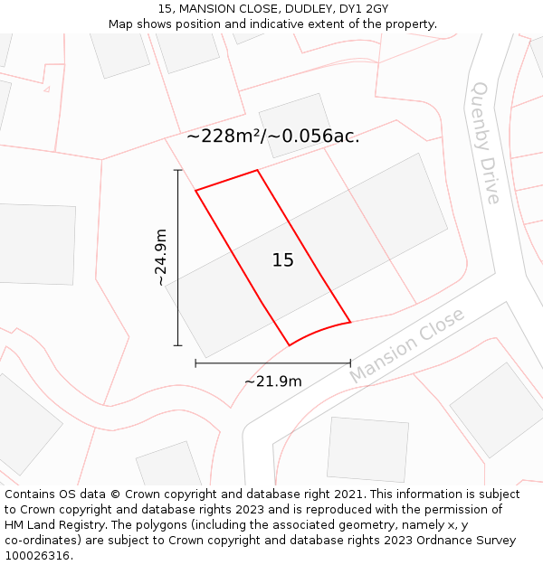 15, MANSION CLOSE, DUDLEY, DY1 2GY: Plot and title map