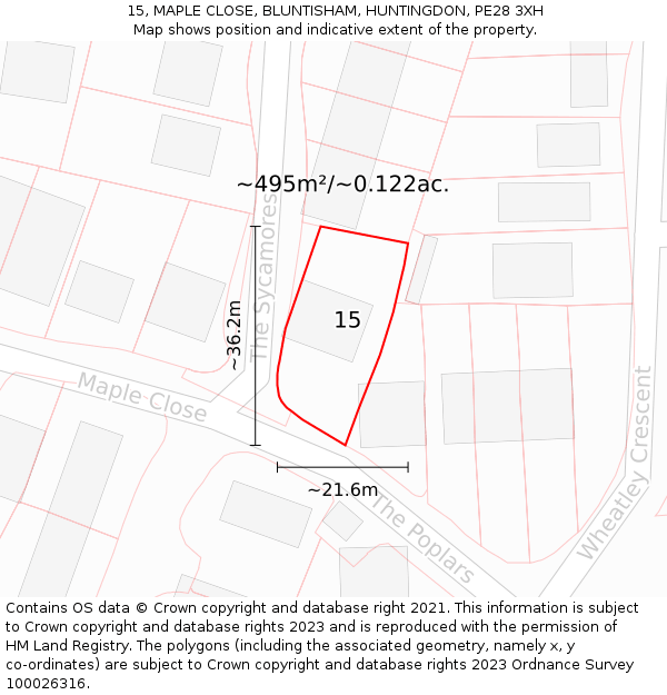 15, MAPLE CLOSE, BLUNTISHAM, HUNTINGDON, PE28 3XH: Plot and title map