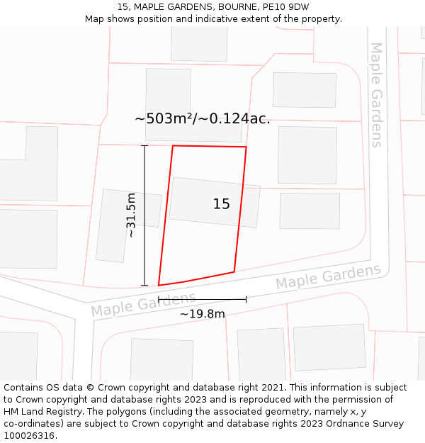 15, MAPLE GARDENS, BOURNE, PE10 9DW: Plot and title map