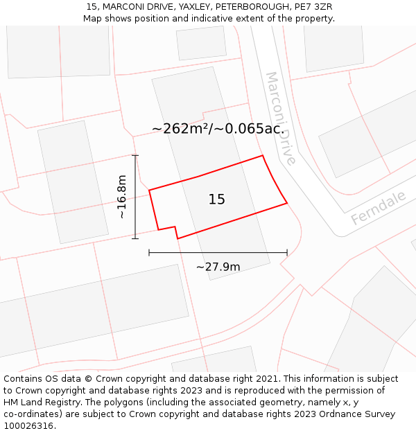 15, MARCONI DRIVE, YAXLEY, PETERBOROUGH, PE7 3ZR: Plot and title map