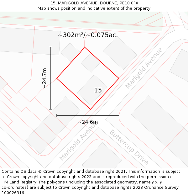 15, MARIGOLD AVENUE, BOURNE, PE10 0FX: Plot and title map