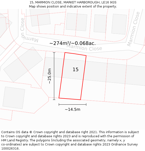 15, MARMION CLOSE, MARKET HARBOROUGH, LE16 9GS: Plot and title map