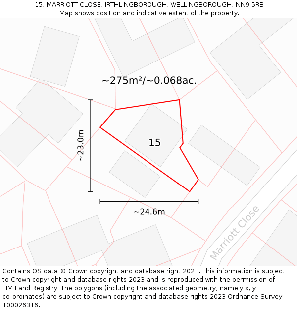 15, MARRIOTT CLOSE, IRTHLINGBOROUGH, WELLINGBOROUGH, NN9 5RB: Plot and title map