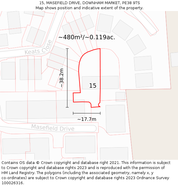 15, MASEFIELD DRIVE, DOWNHAM MARKET, PE38 9TS: Plot and title map