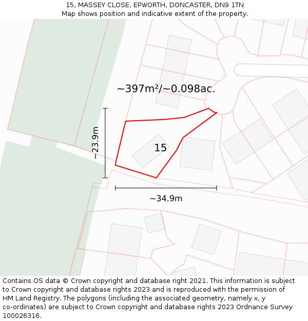 15, MASSEY CLOSE, EPWORTH, DONCASTER, DN9 1TN: Plot and title map