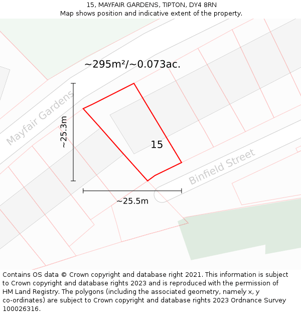 15, MAYFAIR GARDENS, TIPTON, DY4 8RN: Plot and title map