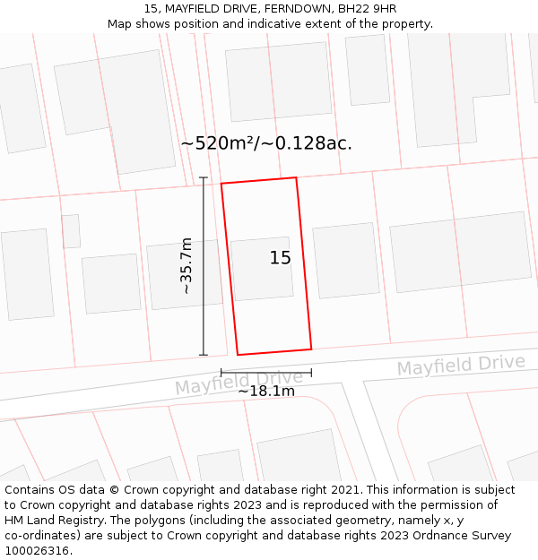 15, MAYFIELD DRIVE, FERNDOWN, BH22 9HR: Plot and title map