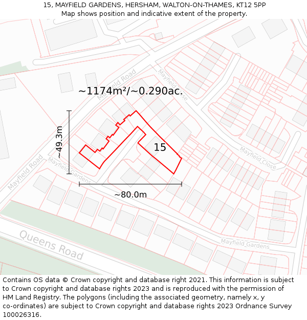 15, MAYFIELD GARDENS, HERSHAM, WALTON-ON-THAMES, KT12 5PP: Plot and title map