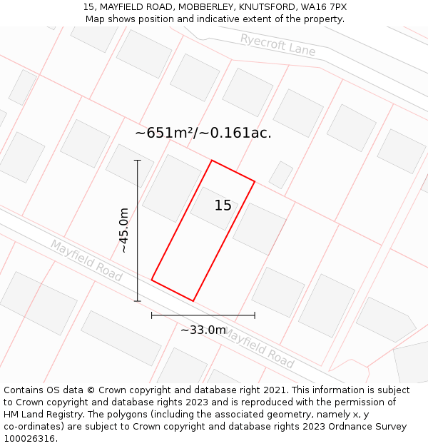 15, MAYFIELD ROAD, MOBBERLEY, KNUTSFORD, WA16 7PX: Plot and title map