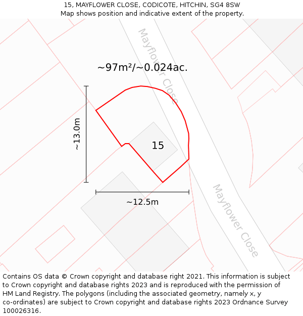 15, MAYFLOWER CLOSE, CODICOTE, HITCHIN, SG4 8SW: Plot and title map