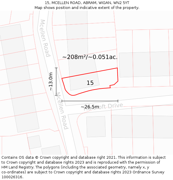 15, MCELLEN ROAD, ABRAM, WIGAN, WN2 5YT: Plot and title map