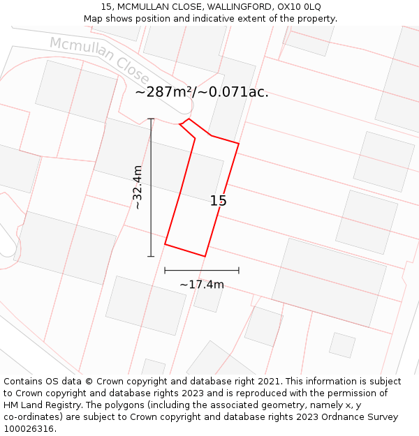 15, MCMULLAN CLOSE, WALLINGFORD, OX10 0LQ: Plot and title map