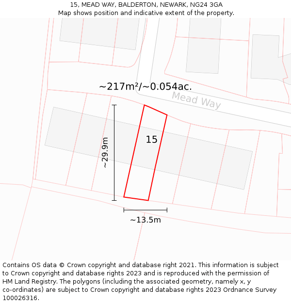 15, MEAD WAY, BALDERTON, NEWARK, NG24 3GA: Plot and title map