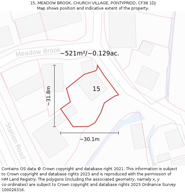 15, MEADOW BROOK, CHURCH VILLAGE, PONTYPRIDD, CF38 1DJ: Plot and title map