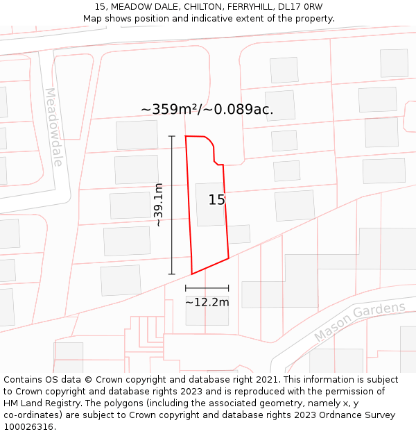 15, MEADOW DALE, CHILTON, FERRYHILL, DL17 0RW: Plot and title map
