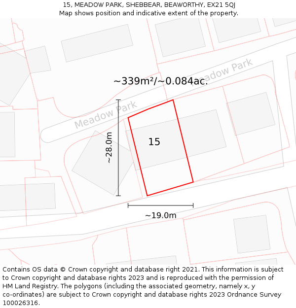 15, MEADOW PARK, SHEBBEAR, BEAWORTHY, EX21 5QJ: Plot and title map