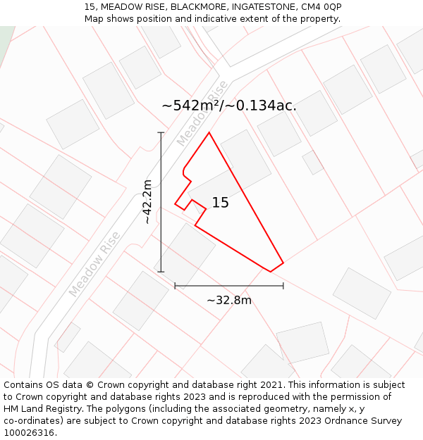 15, MEADOW RISE, BLACKMORE, INGATESTONE, CM4 0QP: Plot and title map