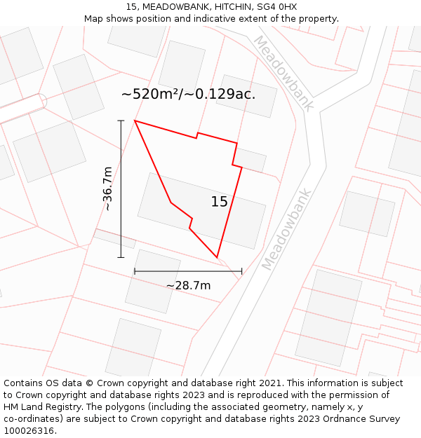 15, MEADOWBANK, HITCHIN, SG4 0HX: Plot and title map