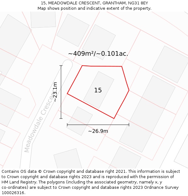 15, MEADOWDALE CRESCENT, GRANTHAM, NG31 8EY: Plot and title map