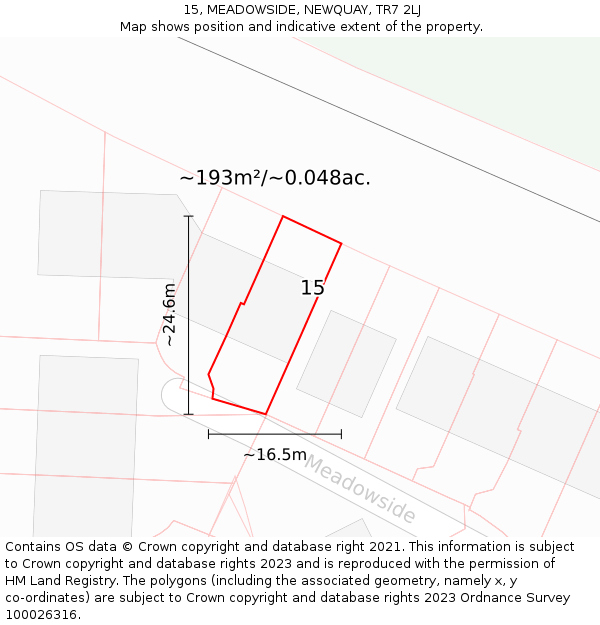 15, MEADOWSIDE, NEWQUAY, TR7 2LJ: Plot and title map