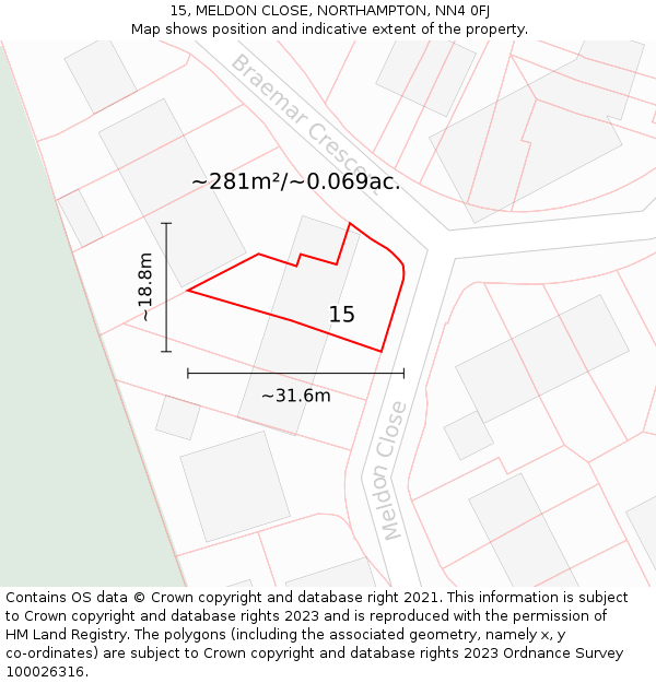 15, MELDON CLOSE, NORTHAMPTON, NN4 0FJ: Plot and title map