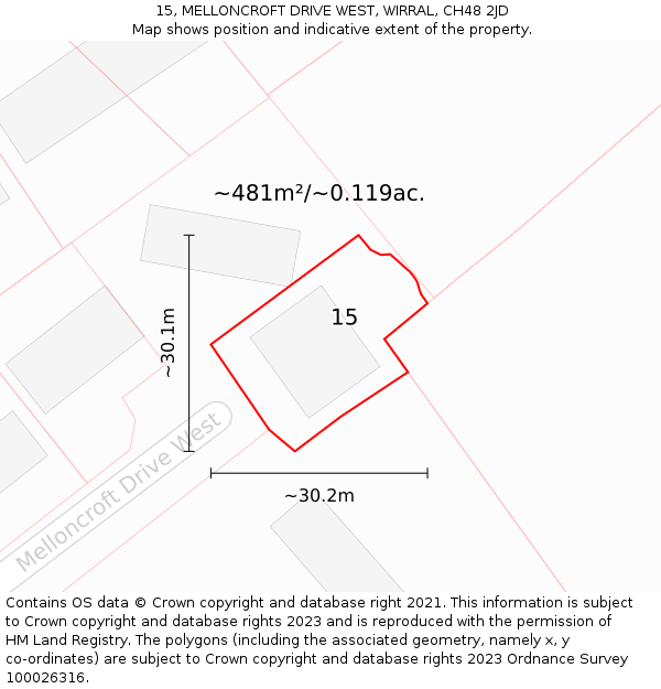 15, MELLONCROFT DRIVE WEST, WIRRAL, CH48 2JD: Plot and title map