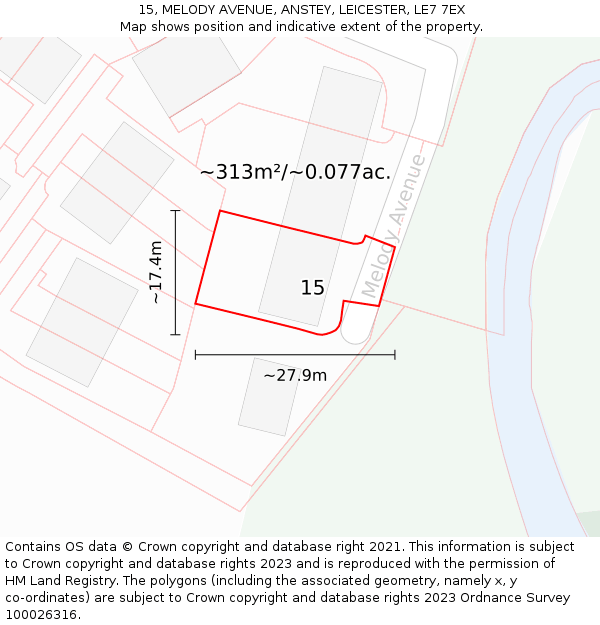 15, MELODY AVENUE, ANSTEY, LEICESTER, LE7 7EX: Plot and title map