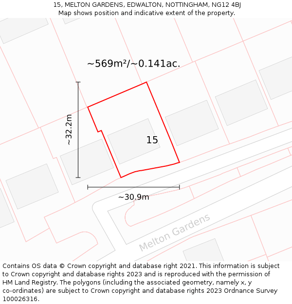 15, MELTON GARDENS, EDWALTON, NOTTINGHAM, NG12 4BJ: Plot and title map