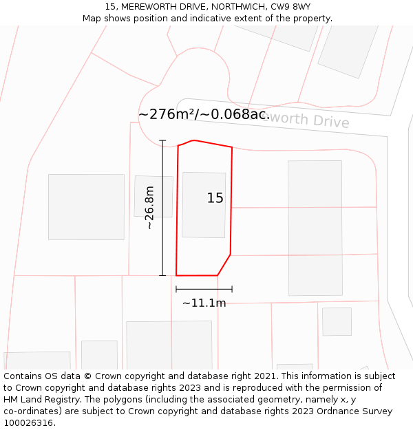 15, MEREWORTH DRIVE, NORTHWICH, CW9 8WY: Plot and title map