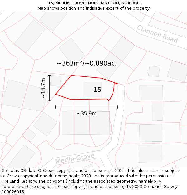 15, MERLIN GROVE, NORTHAMPTON, NN4 0QH: Plot and title map