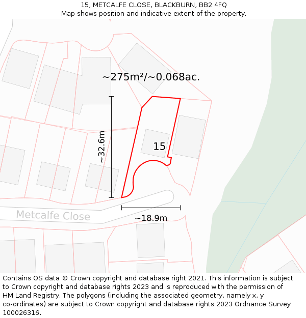 15, METCALFE CLOSE, BLACKBURN, BB2 4FQ: Plot and title map