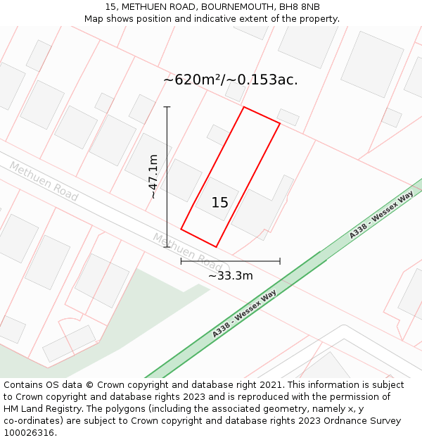 15, METHUEN ROAD, BOURNEMOUTH, BH8 8NB: Plot and title map