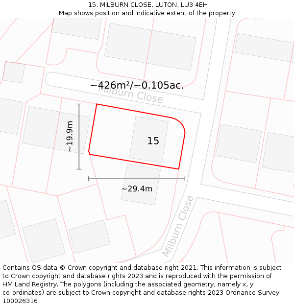 15, MILBURN CLOSE, LUTON, LU3 4EH: Plot and title map