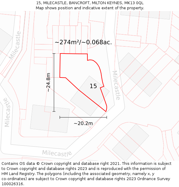 15, MILECASTLE, BANCROFT, MILTON KEYNES, MK13 0QL: Plot and title map