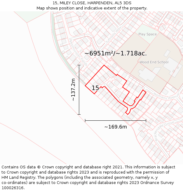 15, MILEY CLOSE, HARPENDEN, AL5 3DS: Plot and title map