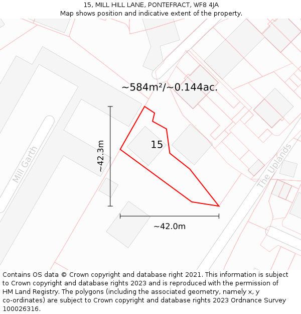 15, MILL HILL LANE, PONTEFRACT, WF8 4JA: Plot and title map