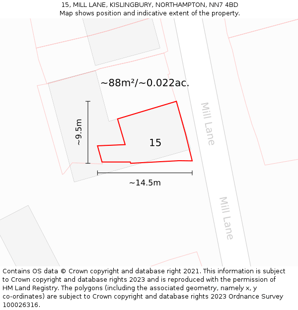 15, MILL LANE, KISLINGBURY, NORTHAMPTON, NN7 4BD: Plot and title map