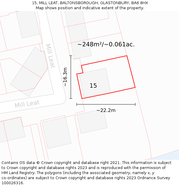 15, MILL LEAT, BALTONSBOROUGH, GLASTONBURY, BA6 8HX: Plot and title map